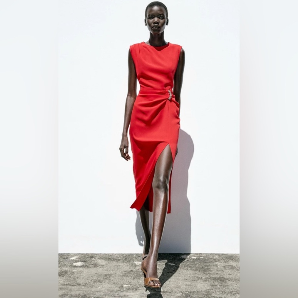 Zara Red Sleeveless Midi Dress with Draped Knot Detail